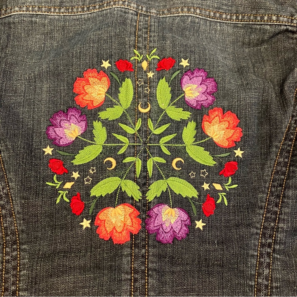 Eddie Bauer Dark Denim Jacket with Colorful Floral Embroidery
